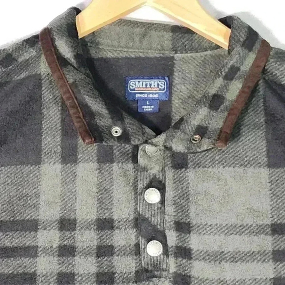 Smith's Workwear‎ Men's Henley Fleece Large Olive Black Plaid Long Sleeve - Picture 2 of 15